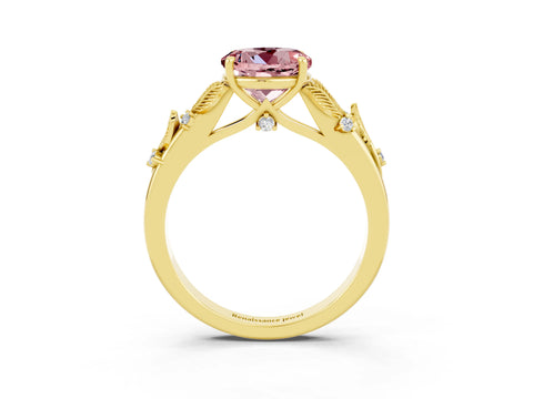 Yellow gold Round Cut Morganite Solitaire Ring with Leaf Motif Band and Four-Prong Setting_3