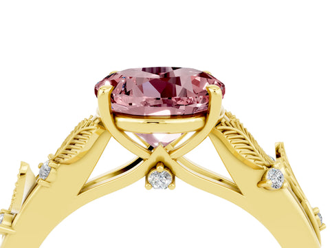 Yellow gold Round Cut Morganite Solitaire Ring with Leaf Motif Band and Four-Prong Setting_4