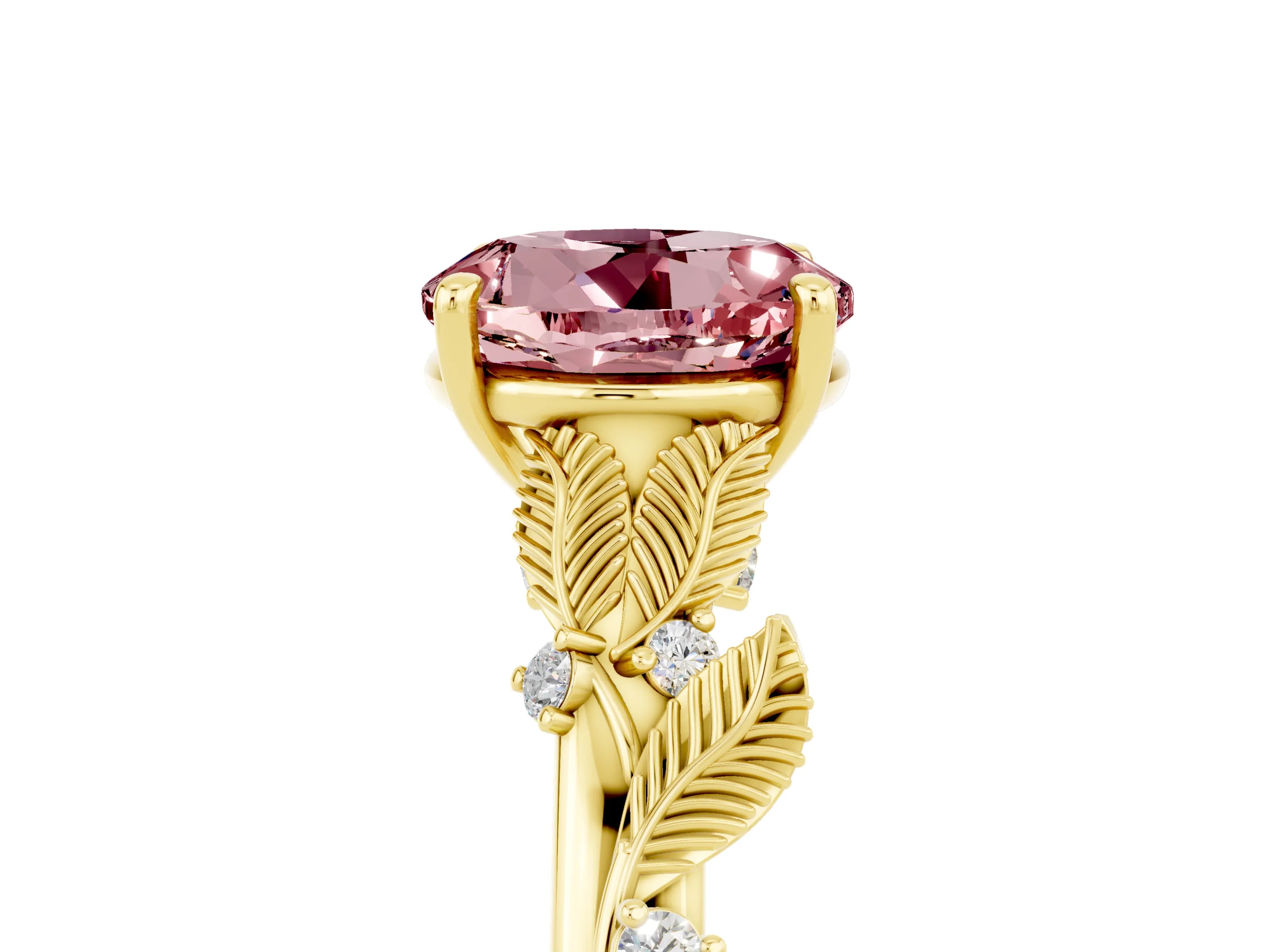 Yellow gold Round Cut Morganite Solitaire Ring with Leaf Motif Band and Four-Prong Setting_5