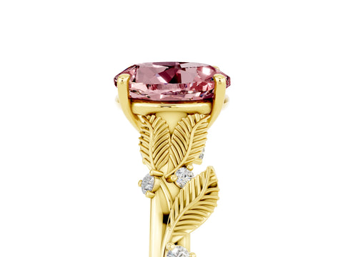 Yellow gold Round Cut Morganite Solitaire Ring with Leaf Motif Band and Four-Prong Setting_5