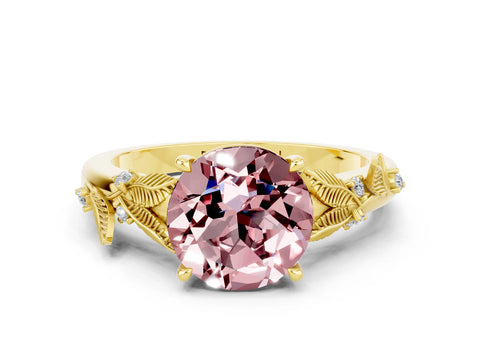 Yellow gold Round Cut Morganite Solitaire Ring with Leaf Motif Band and Four-Prong Setting