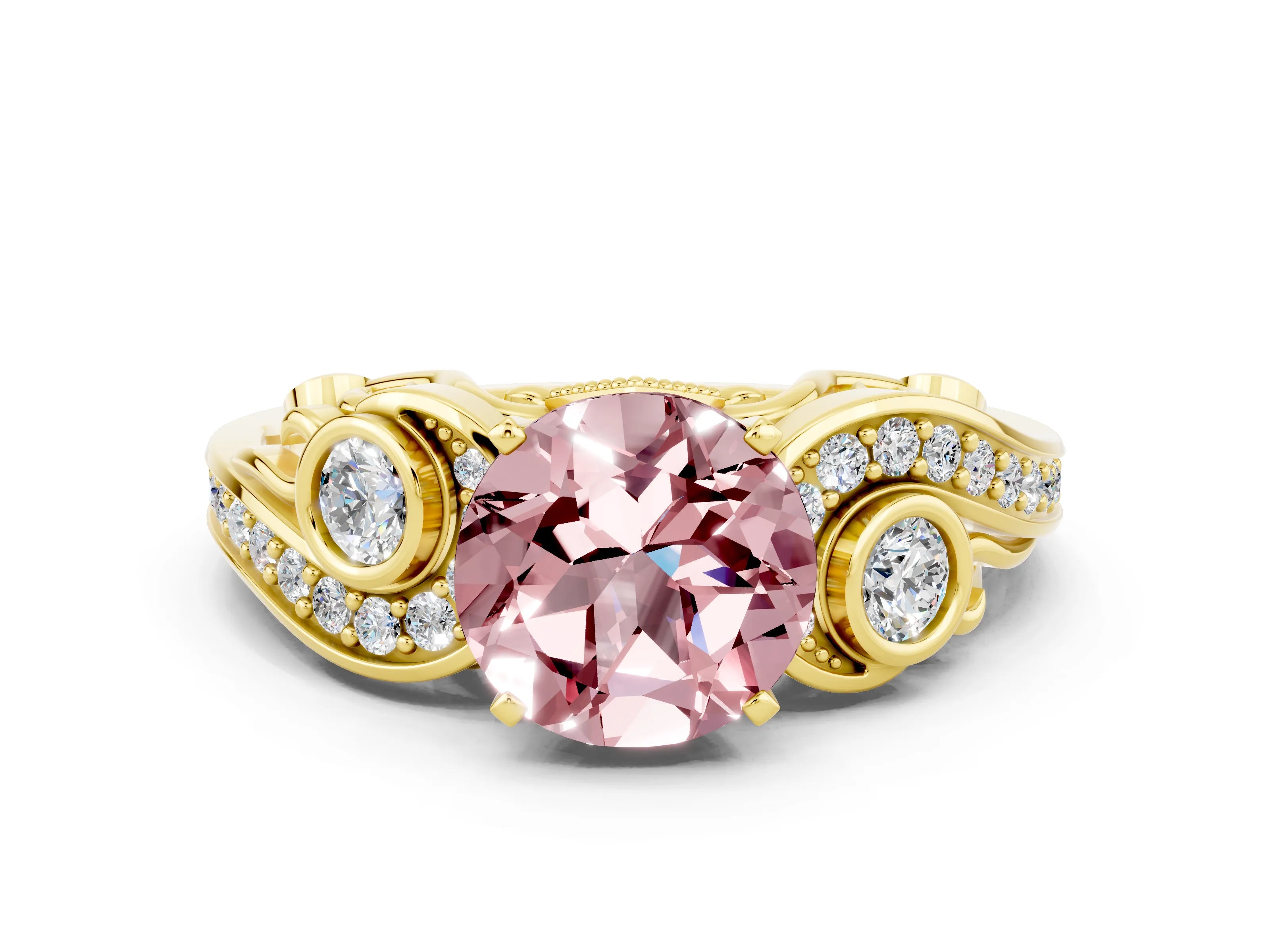 Yellow gold Round Cut Morganite Solitaire Ring with Milgrain Pavé Band and Four-Prong Setting_24