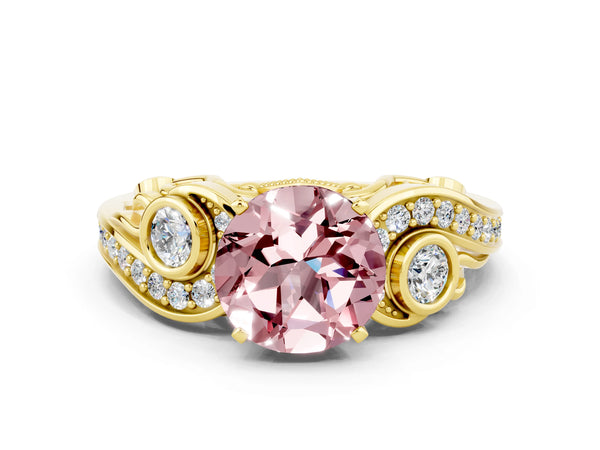Yellow gold Round Cut Morganite Solitaire Ring with Milgrain Pavé Band and Four-Prong Setting