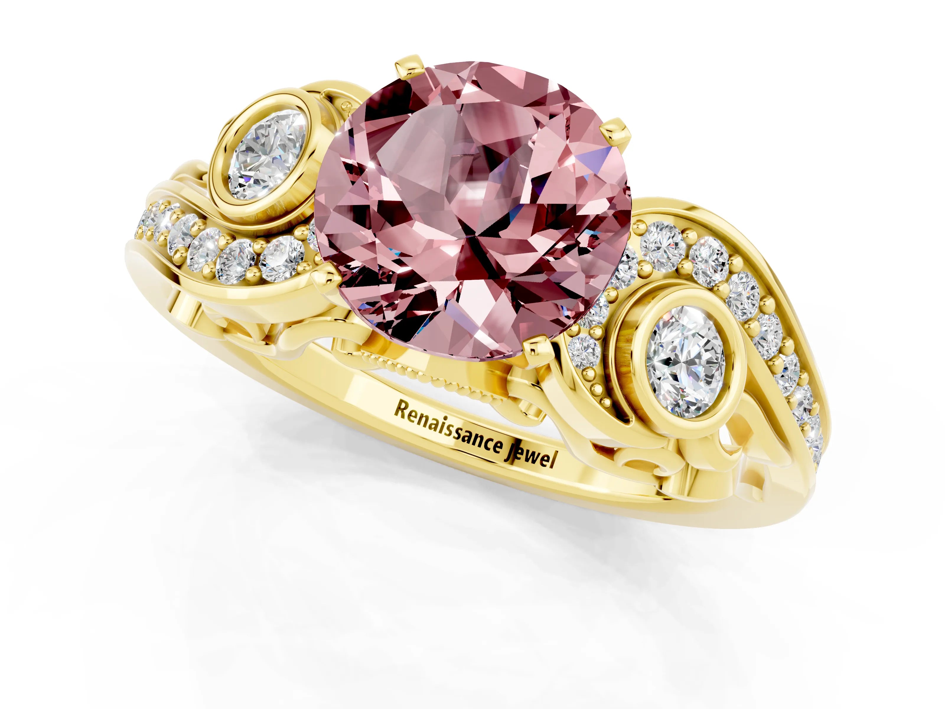 Yellow gold Round Cut Morganite Solitaire Ring with Milgrain Pavé Band and Four-Prong Setting_25