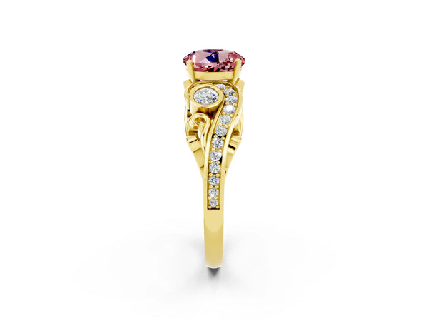Yellow gold Round Cut Morganite Solitaire Ring with Milgrain Pavé Band and Four-Prong Setting