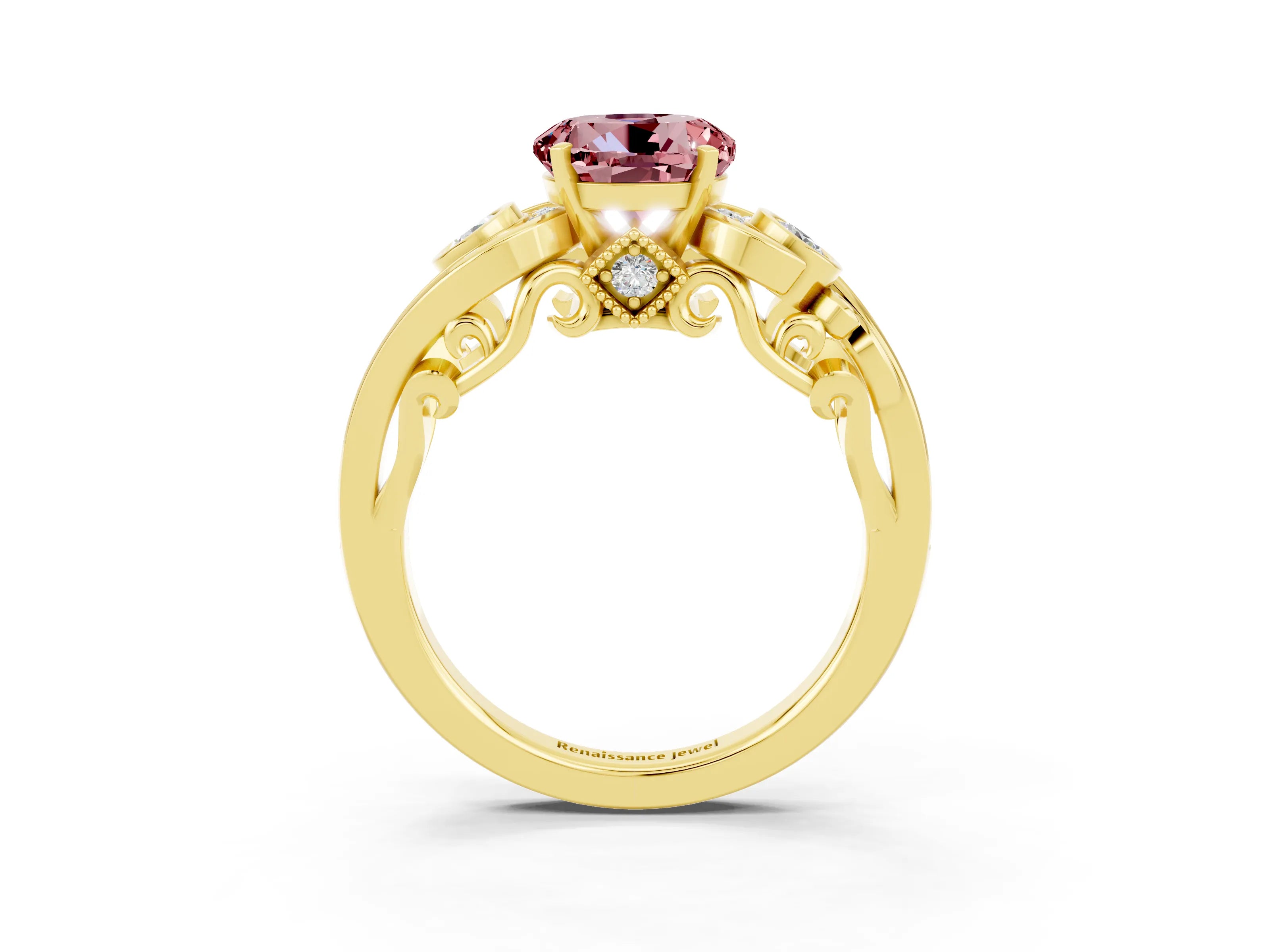 Yellow gold Round Cut Morganite Solitaire Ring with Milgrain Pavé Band and Four-Prong Setting_27