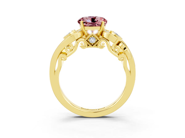 Yellow gold Round Cut Morganite Solitaire Ring with Milgrain Pavé Band and Four-Prong Setting