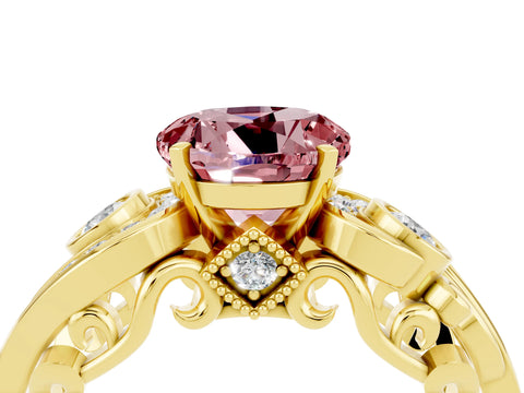 Yellow gold Round Cut Morganite Solitaire Ring with Milgrain Pavé Band and Four-Prong Setting_28