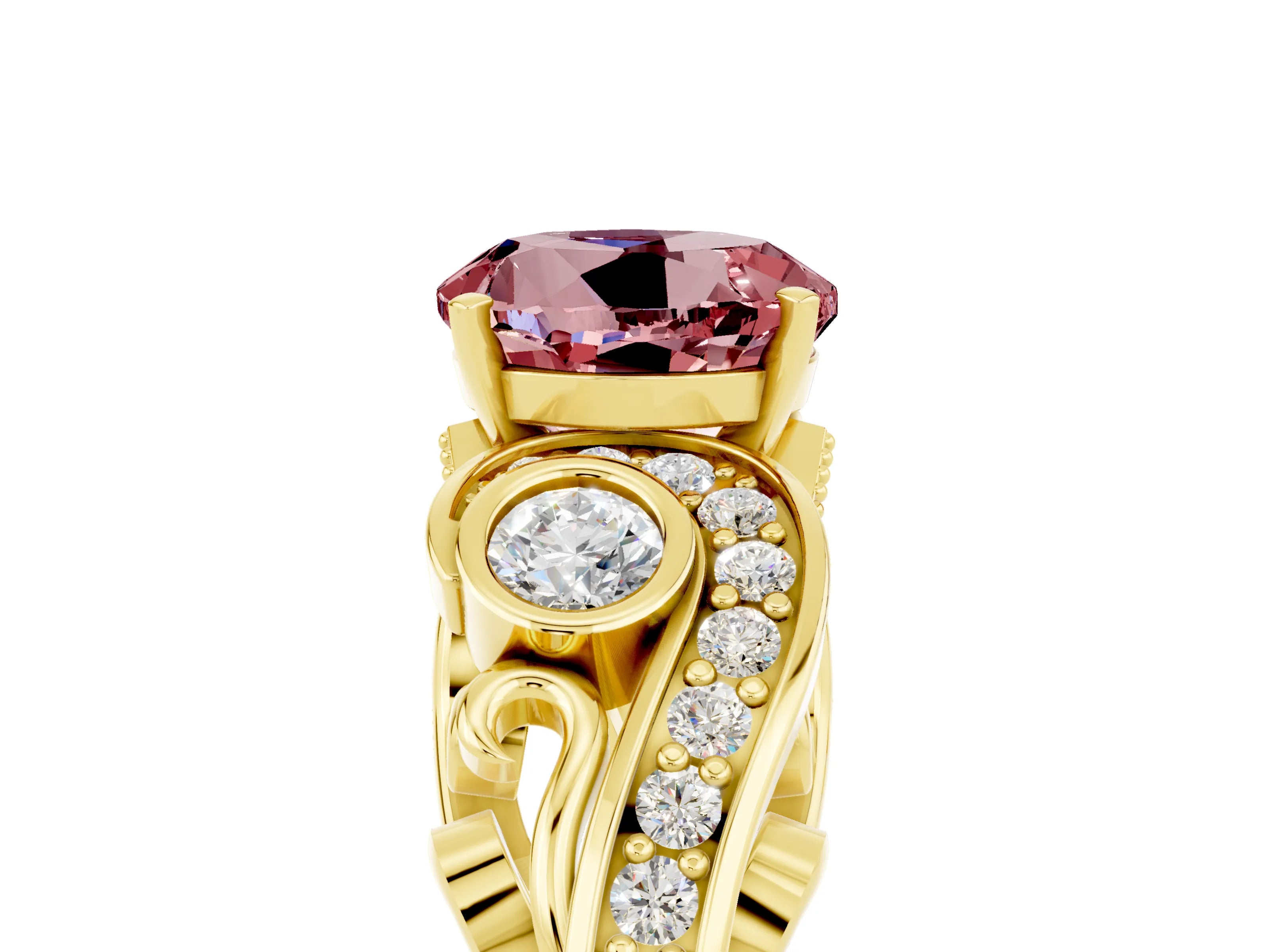 Yellow gold Round Cut Morganite Solitaire Ring with Milgrain Pavé Band and Four-Prong Setting_29
