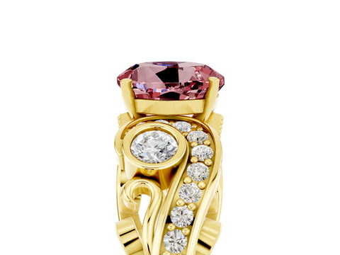 Yellow gold Round Cut Morganite Solitaire Ring with Milgrain Pavé Band and Four-Prong Setting_29