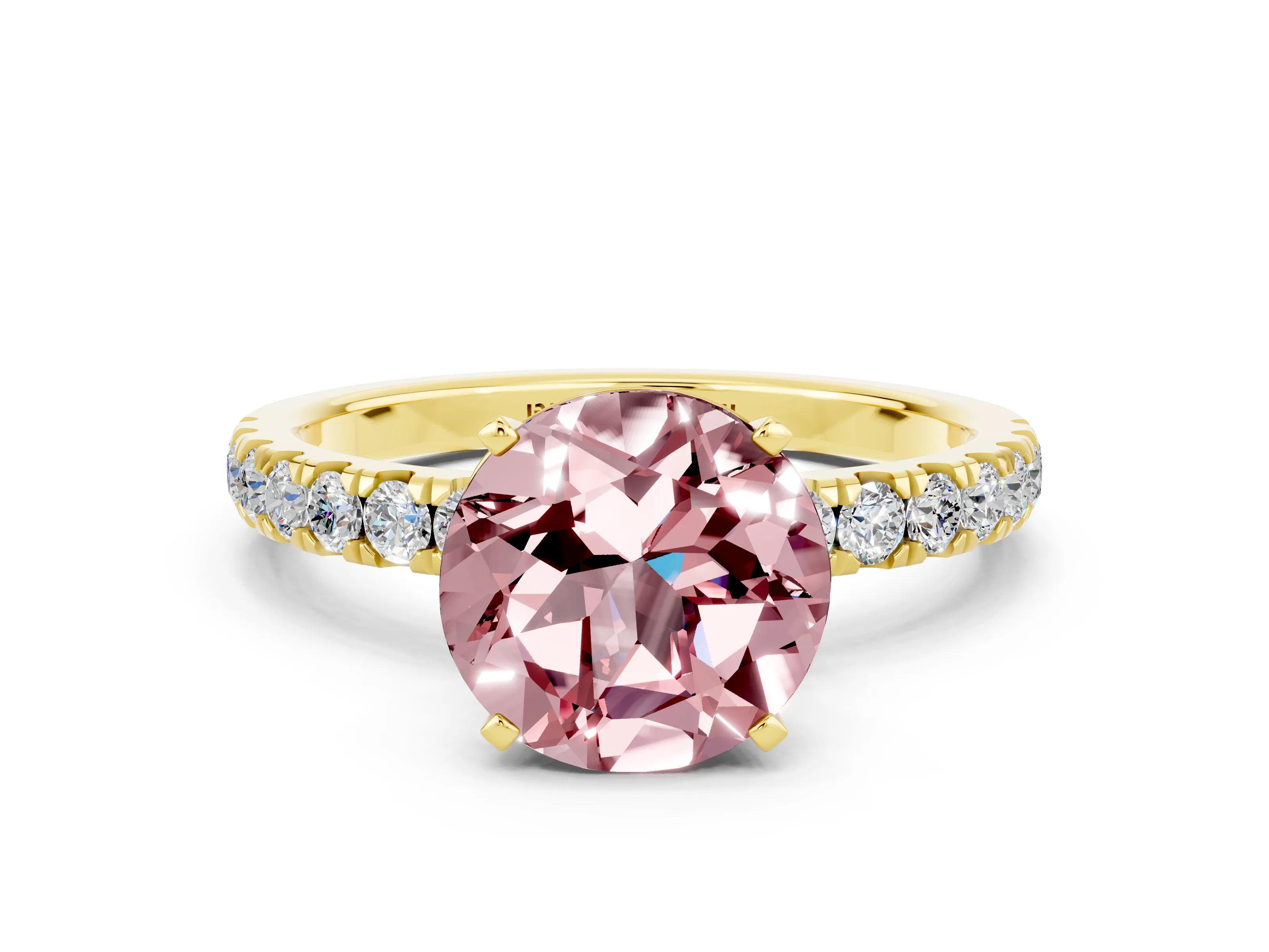 Yellow gold Round Cut Morganite Solitaire Ring with Pavé Accents and Four-Prong Setting