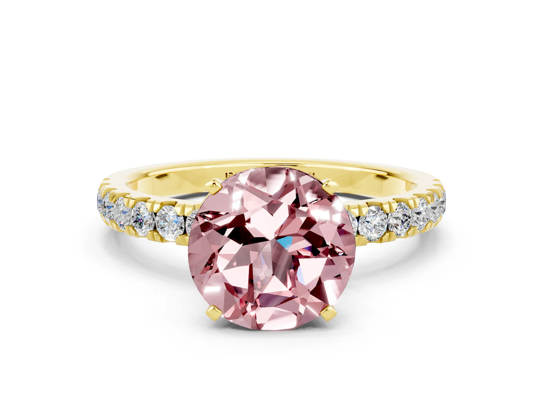 Yellow gold Round Cut Morganite Solitaire Ring with Pavé Accents and Four-Prong Setting