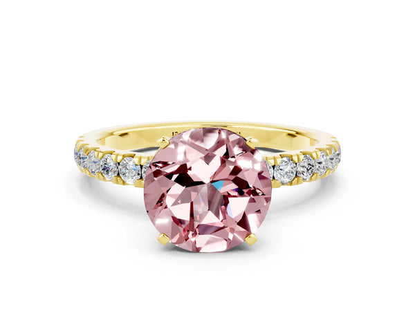 Yellow gold Round Cut Morganite Solitaire Ring with Pavé Accents and Four-Prong Setting