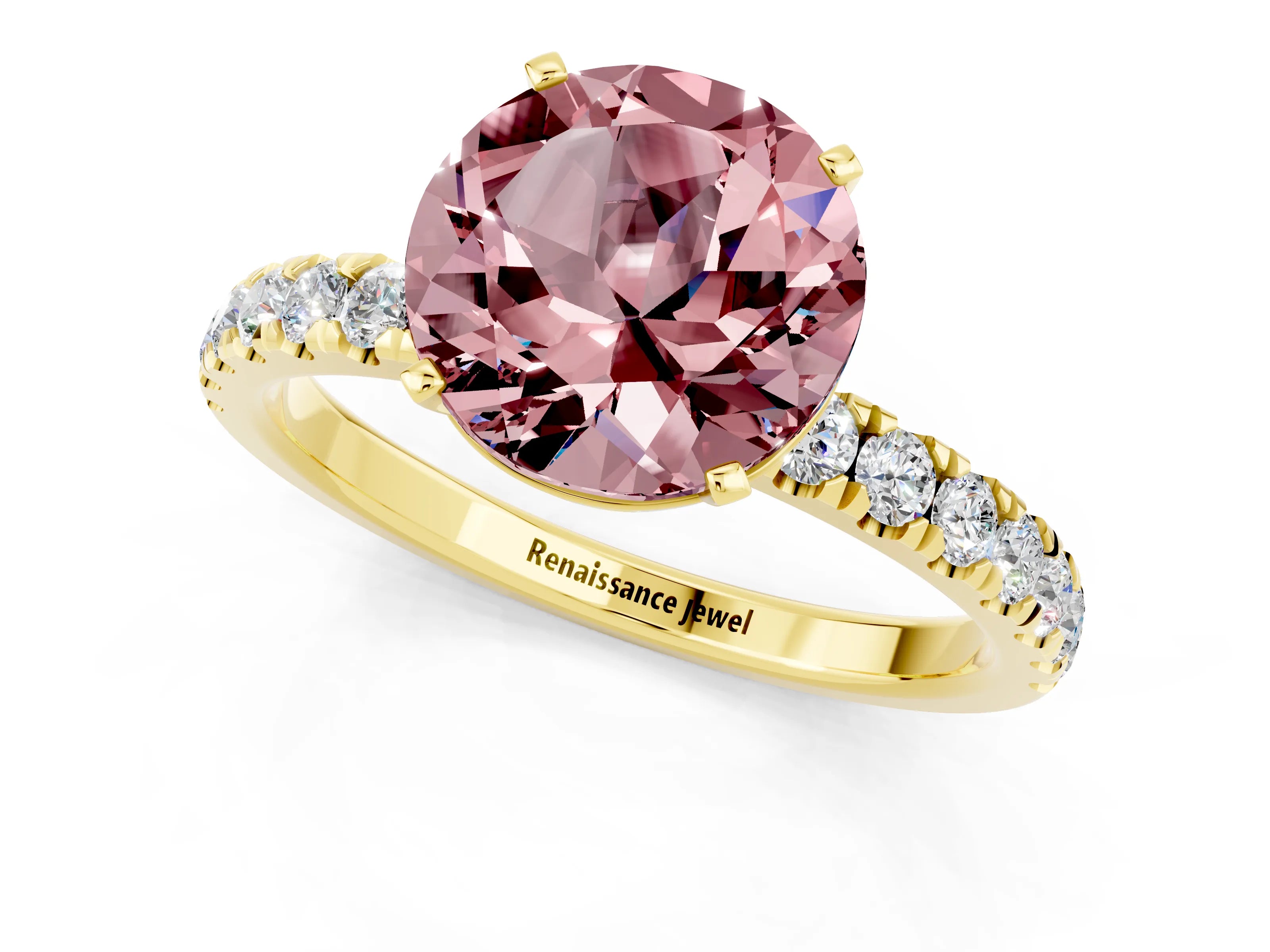 Yellow gold Round Cut Morganite Solitaire Ring with Pavé Accents and Four-Prong Setting_1