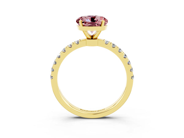 Yellow gold Round Cut Morganite Solitaire Ring with Pavé Accents and Four-Prong Setting