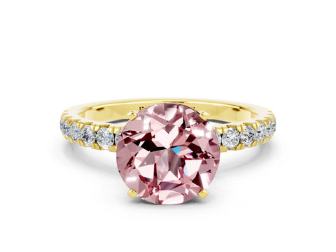 Yellow gold Round Cut Morganite Solitaire Ring with Pavé Accents and Four-Prong Setting