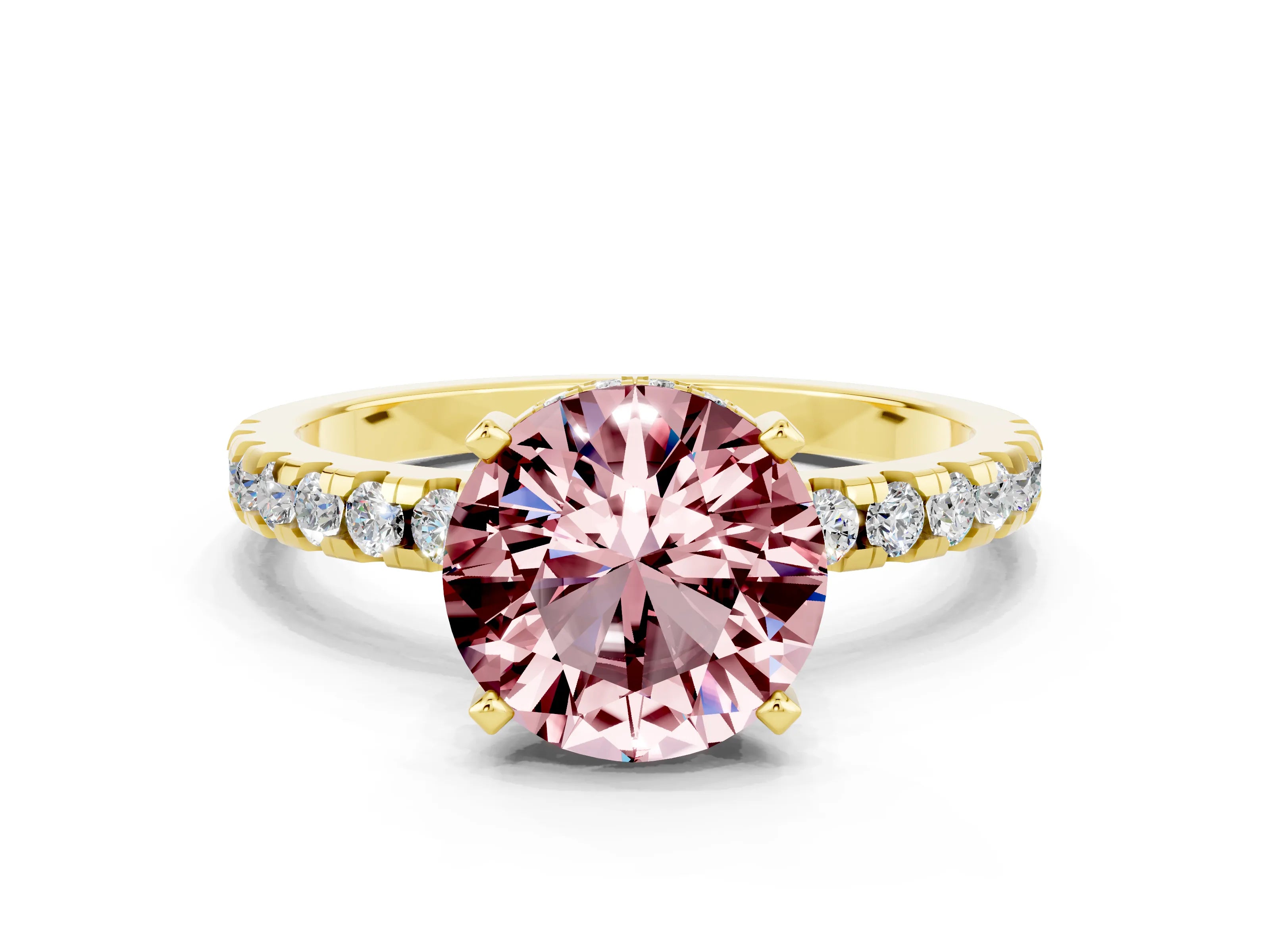 Yellow gold Round Cut Morganite Solitaire Ring with Pavé Band and Four-Prong Setting_12