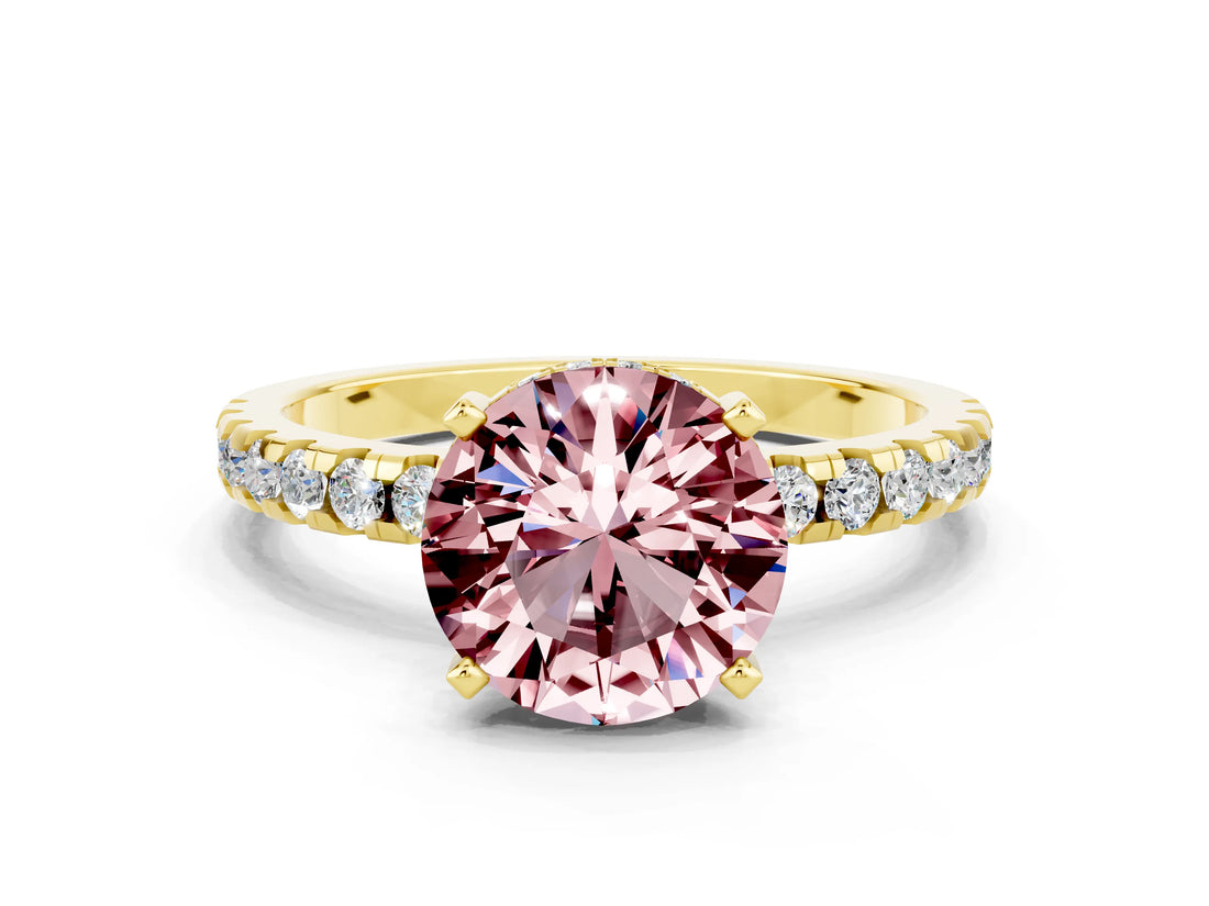 Yellow gold Round Cut Morganite Solitaire Ring with Pavé Band and Four-Prong Setting_12