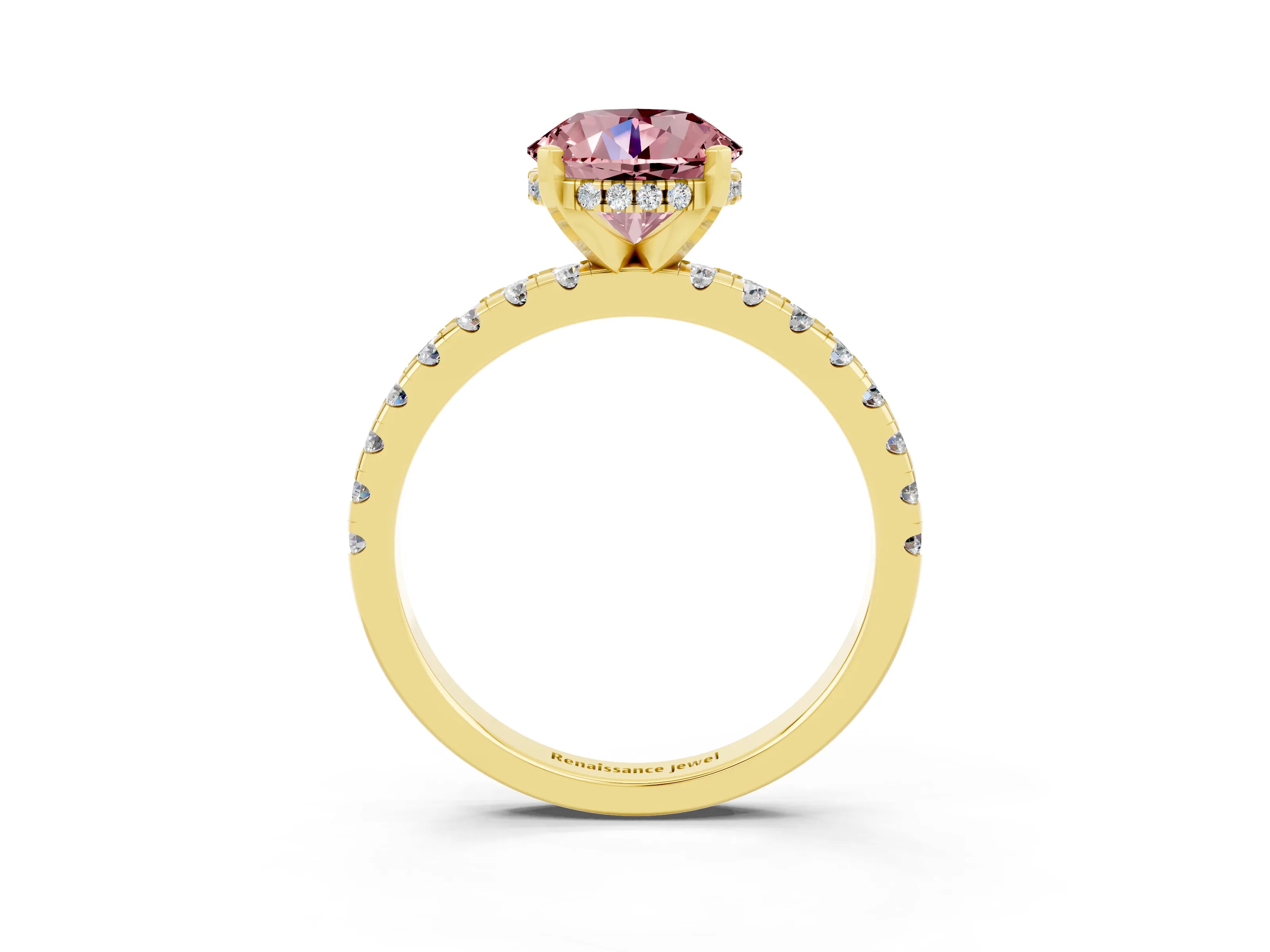 Yellow gold Round Cut Morganite Solitaire Ring with Pavé Band and Four-Prong Setting_15