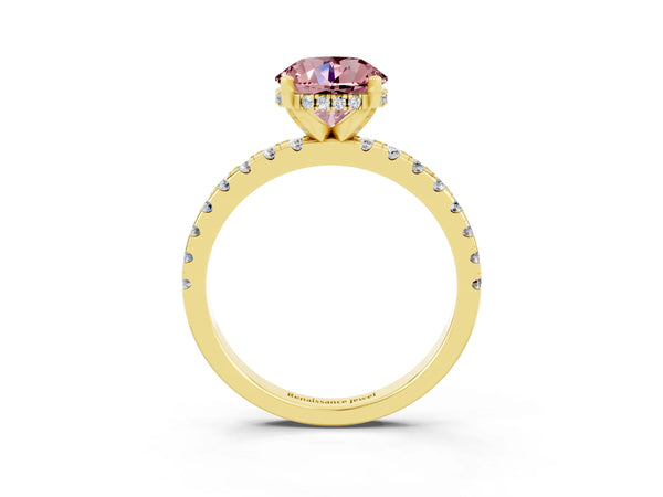 Yellow gold Round Cut Morganite Solitaire Ring with Round  Pavé Band and Four-Prong Setting