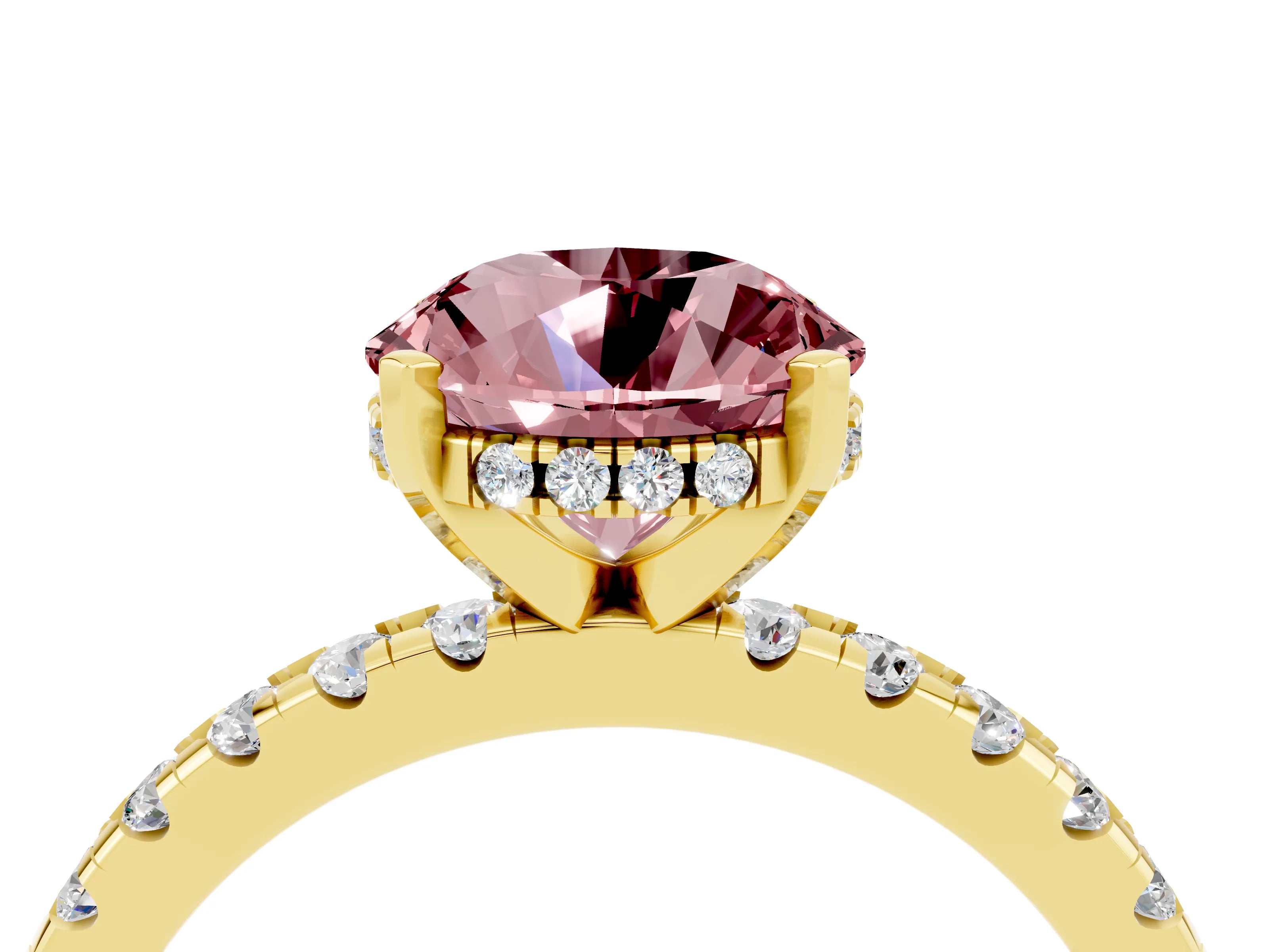 Yellow gold Round Cut Morganite Solitaire Ring with Pavé Band and Four-Prong Setting_16