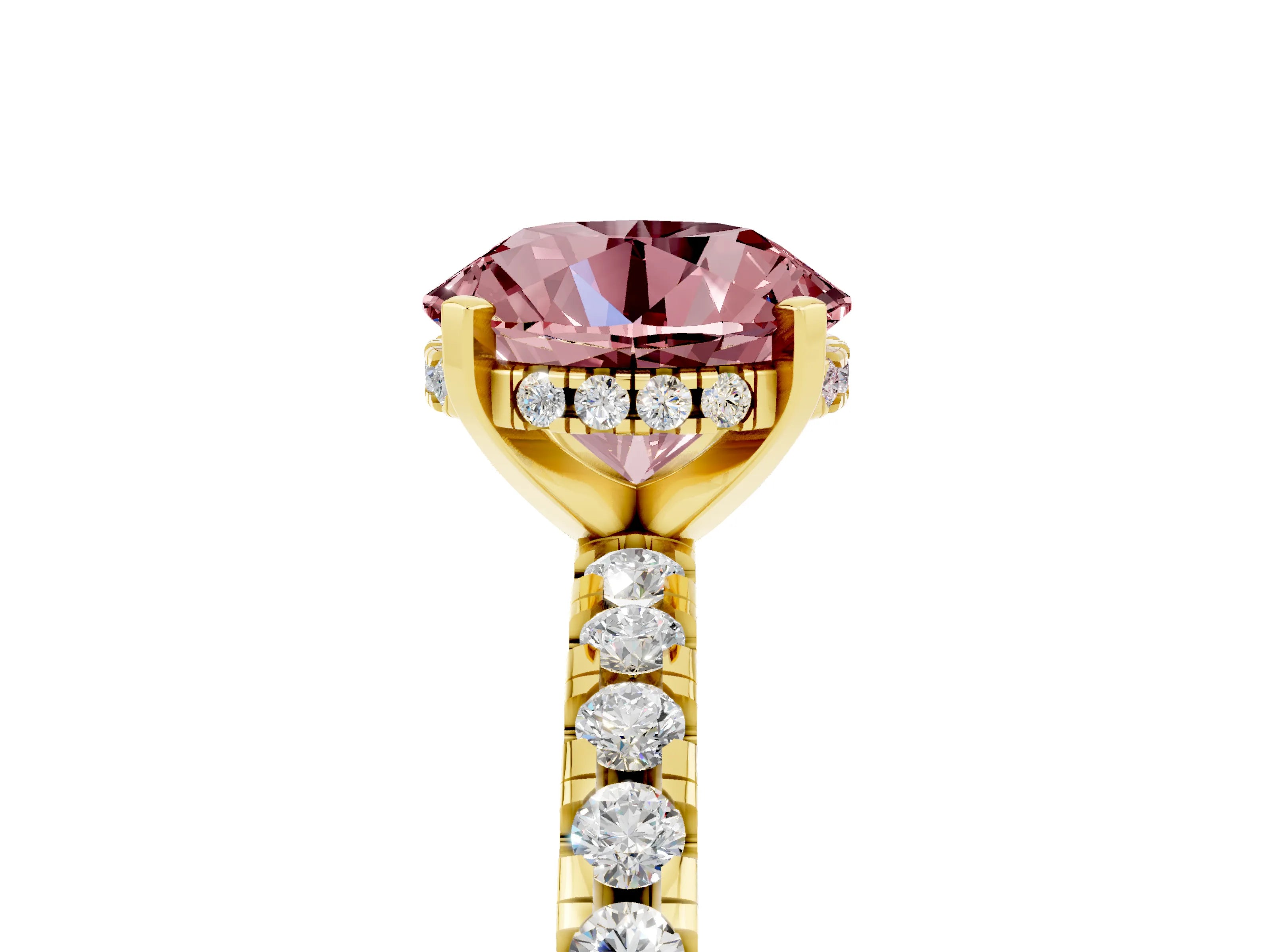 Yellow gold Round Cut Morganite Solitaire Ring with Pavé Band and Four-Prong Setting_17