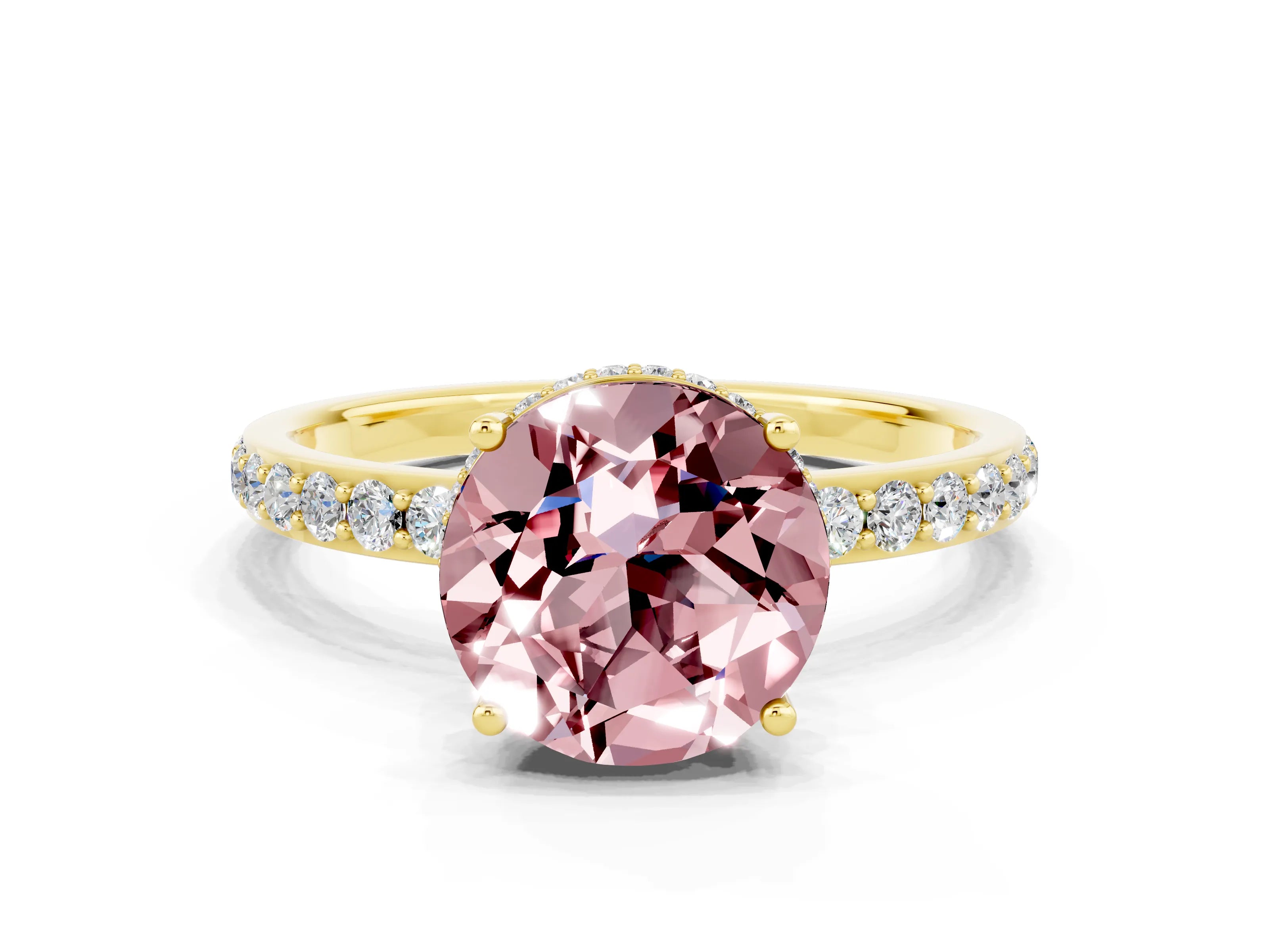 Yellow gold Round Cut Morganite Solitaire Ring with Pavé Band and Hidden Halo_12