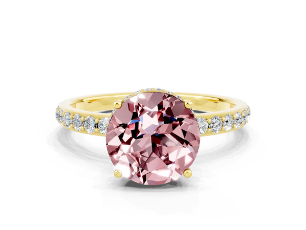 Yellow gold Round Cut Morganite Solitaire Ring with Pavé Band and Hidden Halo