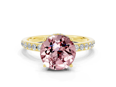 Yellow gold Round Cut Morganite Solitaire Ring with Pavé Band and Hidden Halo_12