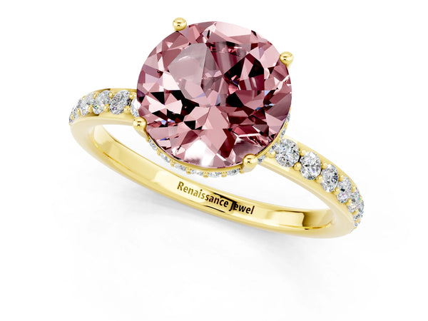 Yellow gold Round Cut Morganite Solitaire Ring with Pavé Band and Hidden Halo