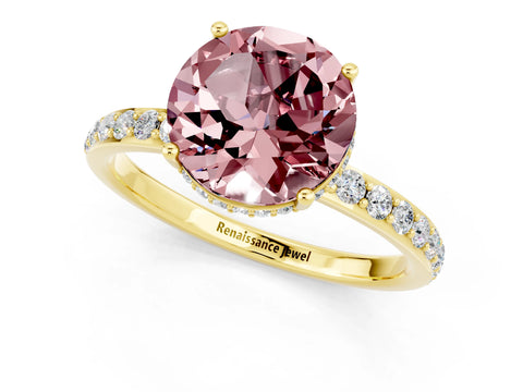 Yellow gold Round Cut Morganite Solitaire Ring with Pavé Band and Hidden Halo_13