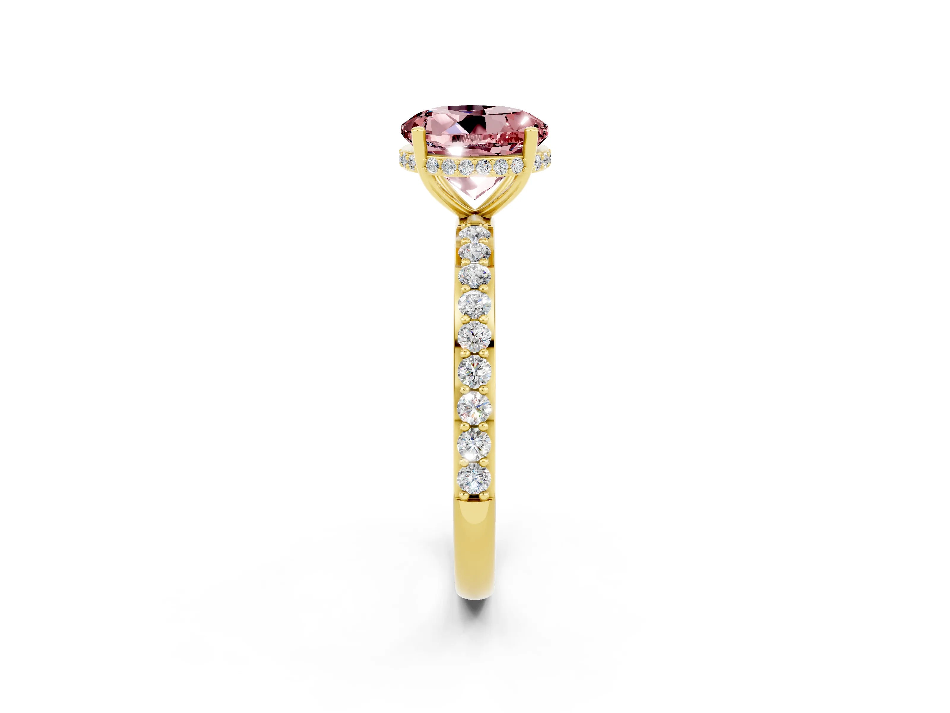 Yellow gold Round Cut Morganite Solitaire Ring with Pavé Band and Hidden Halo_14