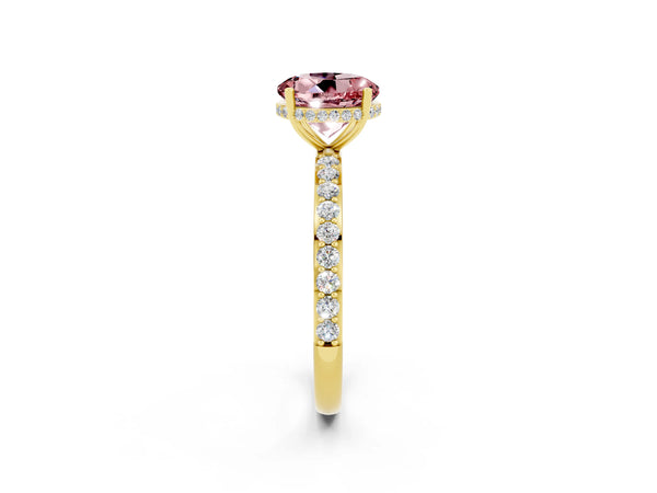 Yellow gold Round Cut Morganite Solitaire Ring with Pavé Band and Hidden Halo