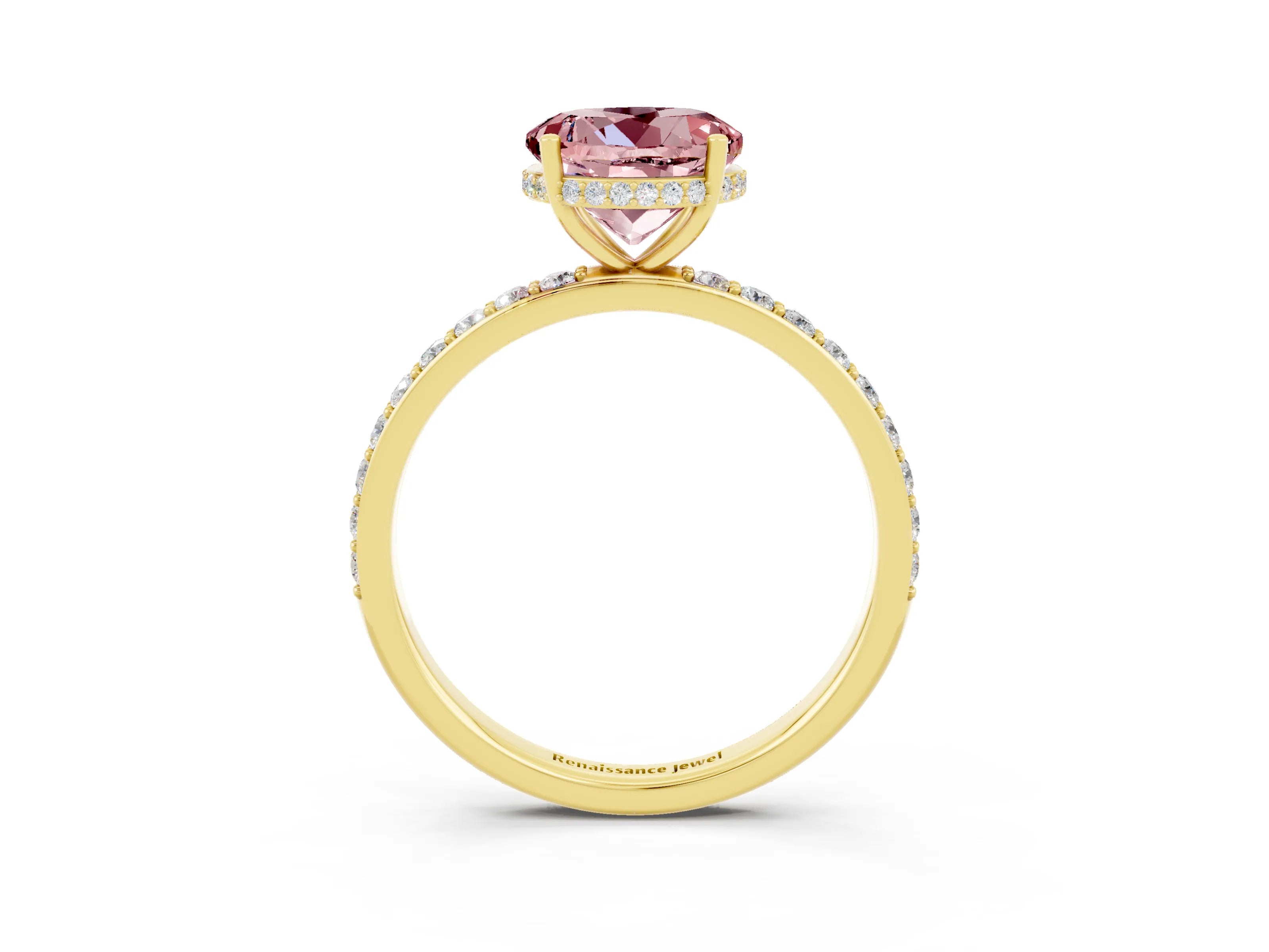 Yellow gold Round Cut Morganite Solitaire Ring with Pavé Band and Hidden Halo_15