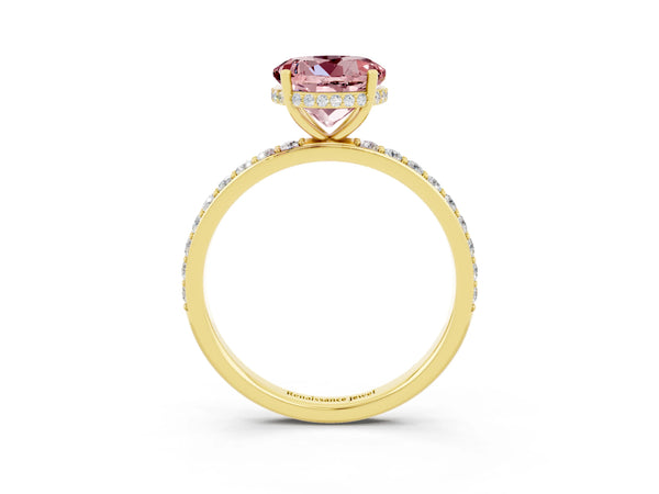Yellow gold Round Cut Morganite Solitaire Ring with Pavé Band and Hidden Halo