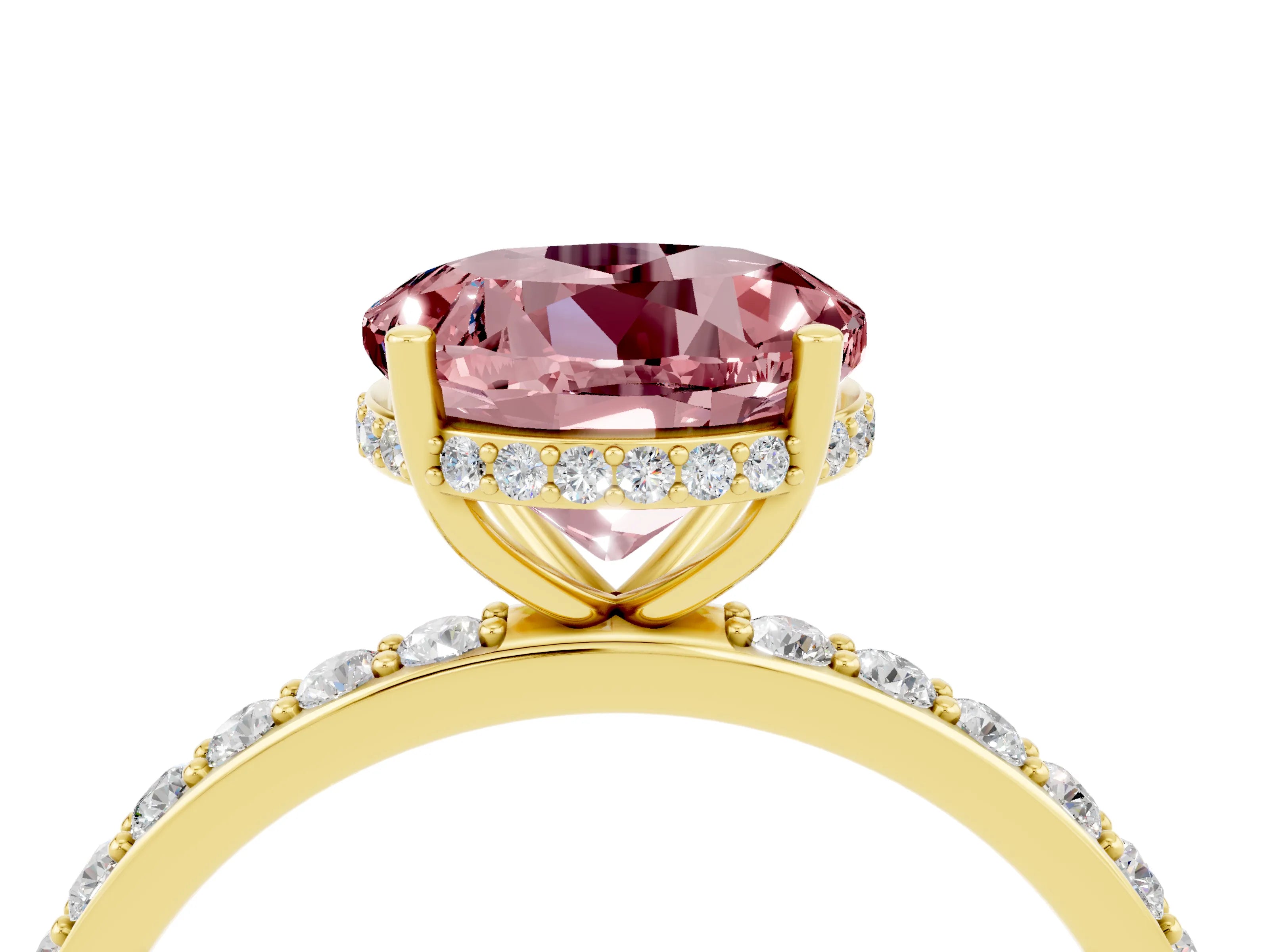 Yellow gold Round Cut Morganite Solitaire Ring with Pavé Band and Hidden Halo_16