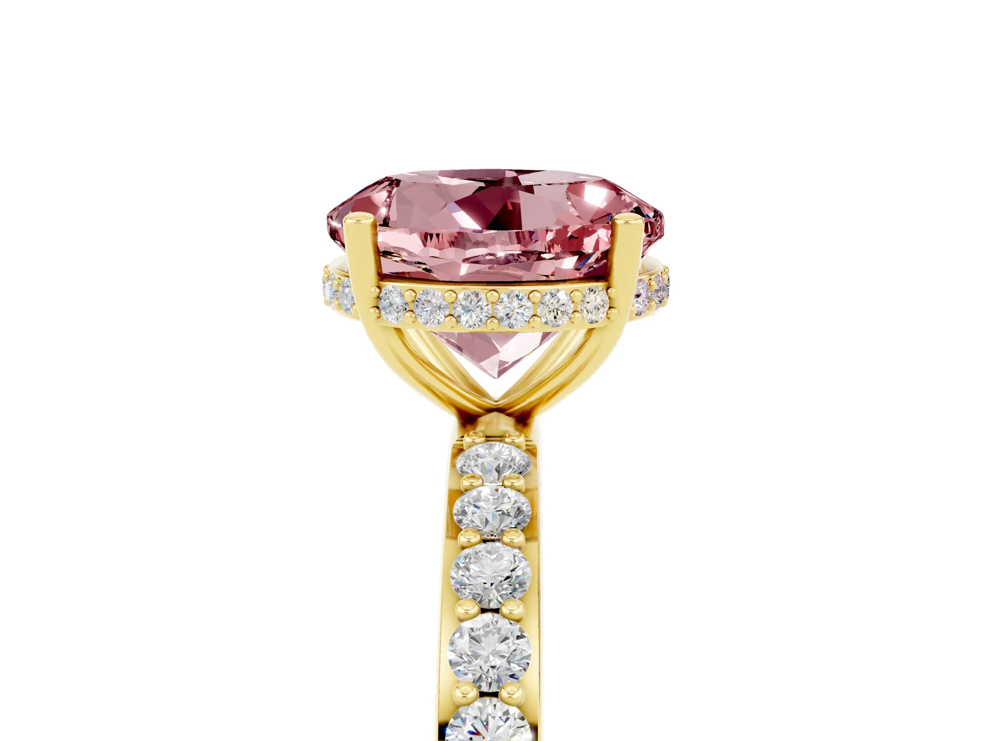 Yellow gold Round Cut Morganite Solitaire Ring with Pavé Band and Hidden Halo_17