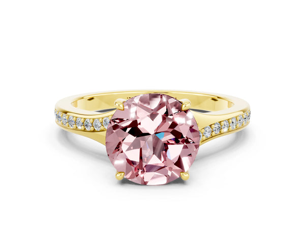 Yellow gold Round Cut Morganite Solitaire Ring with Pavé Band and Prong Setting