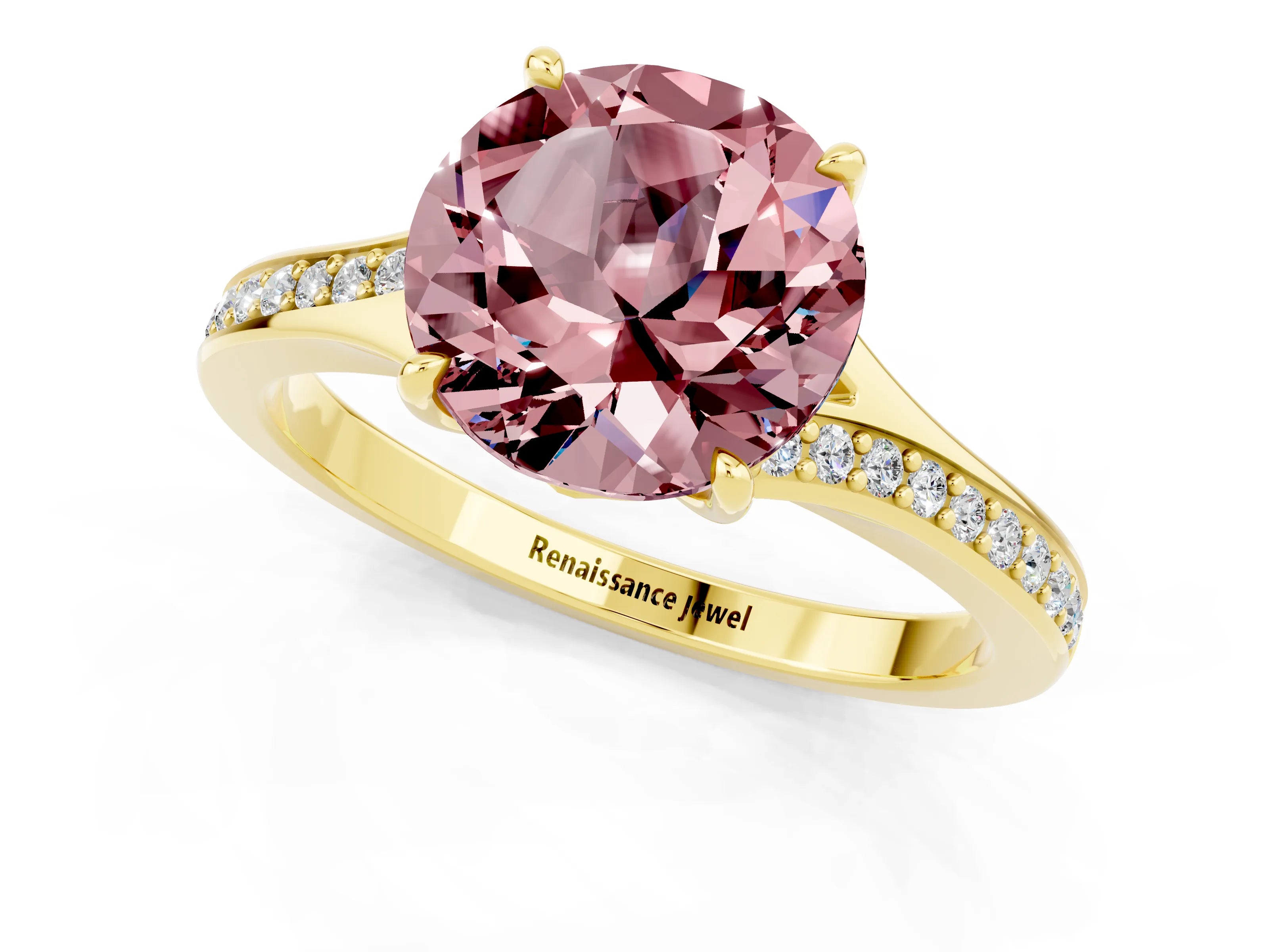 Yellow gold Round Cut Morganite Solitaire Ring with Pavé Band and Prong Setting_1