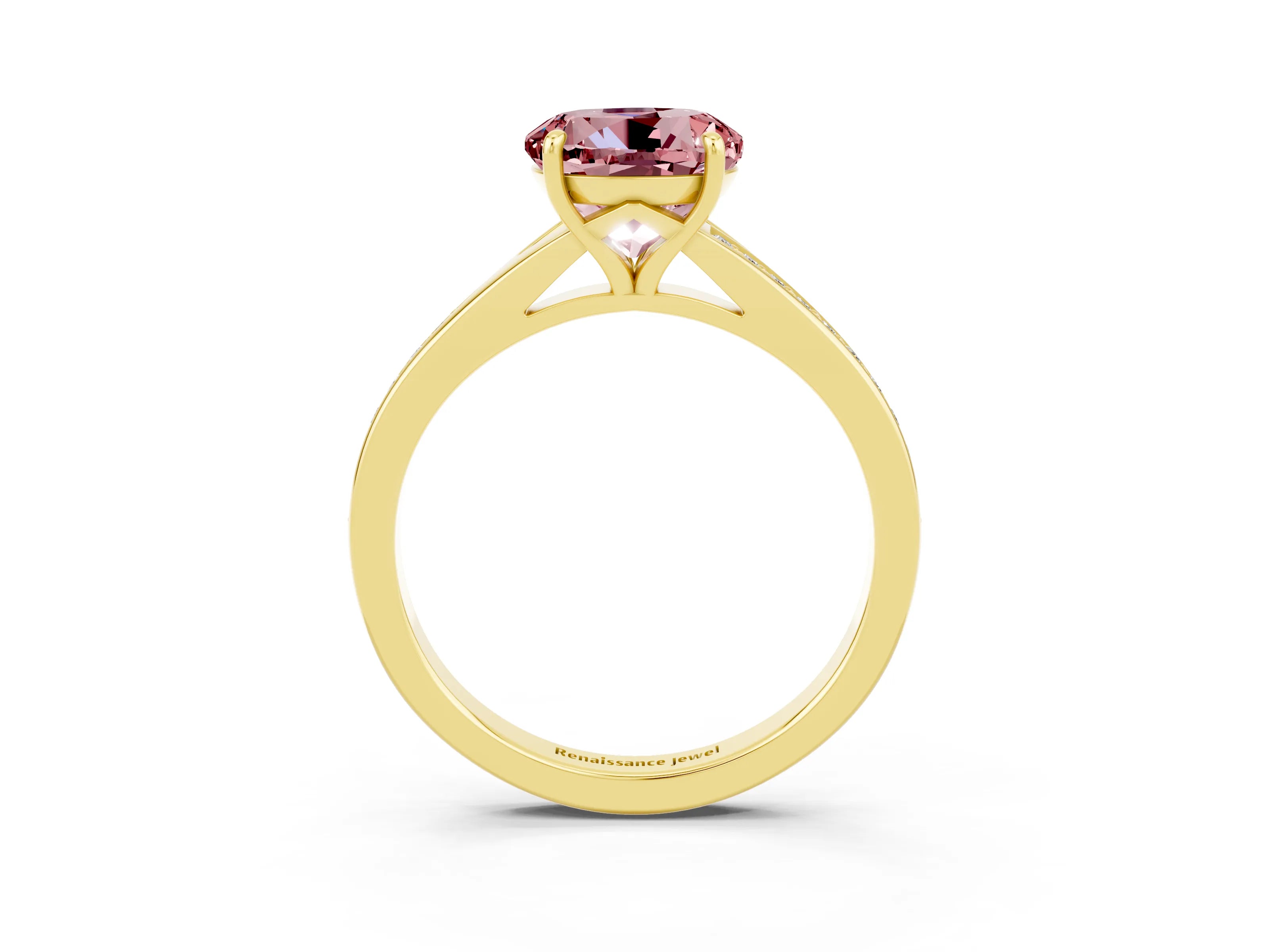 Yellow gold Round Cut Morganite Solitaire Ring with Pavé Band and Prong Setting_3