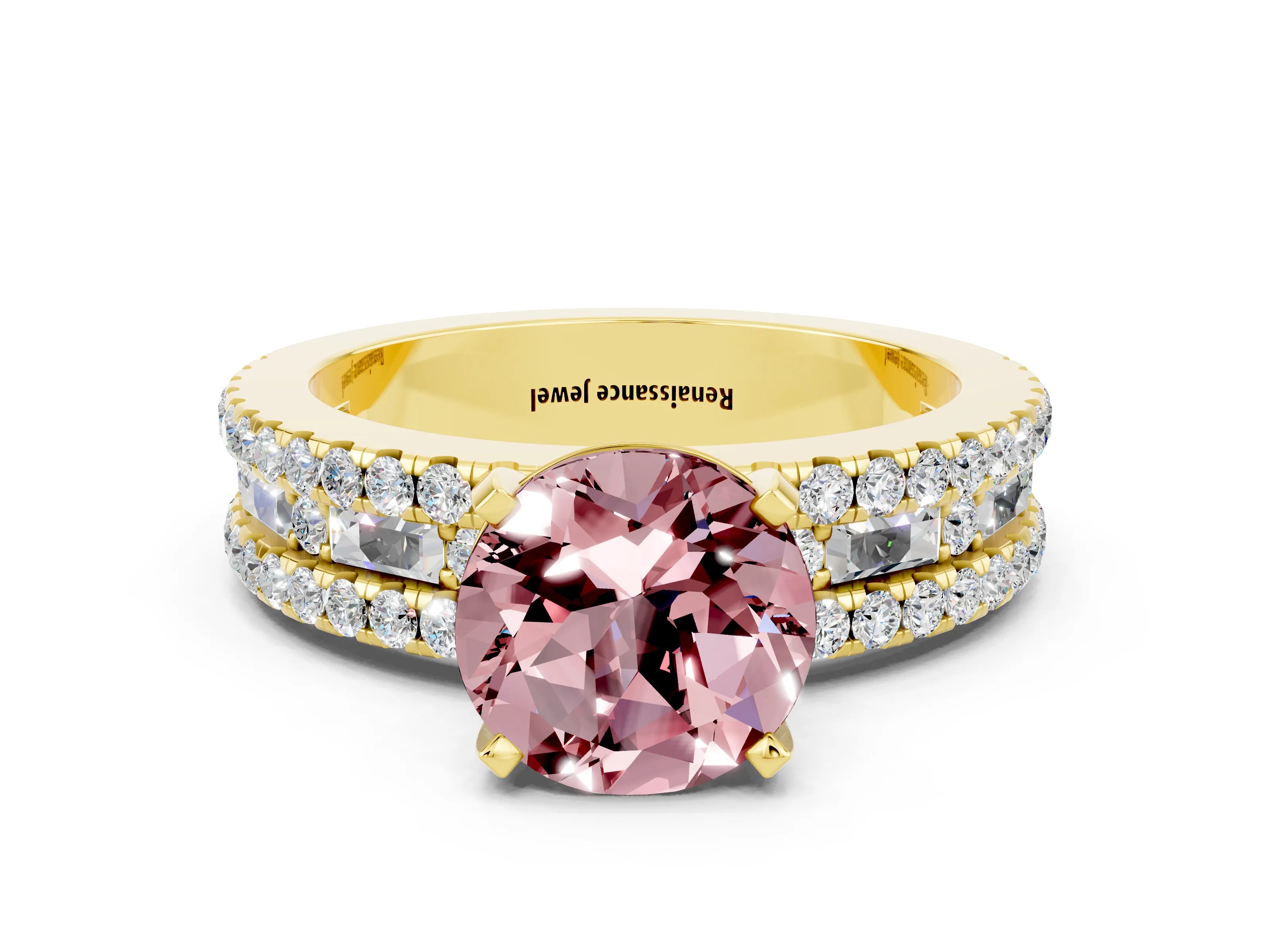 Yellow gold Round Cut Morganite Solitaire Ring with Pavé and Channel Set Band