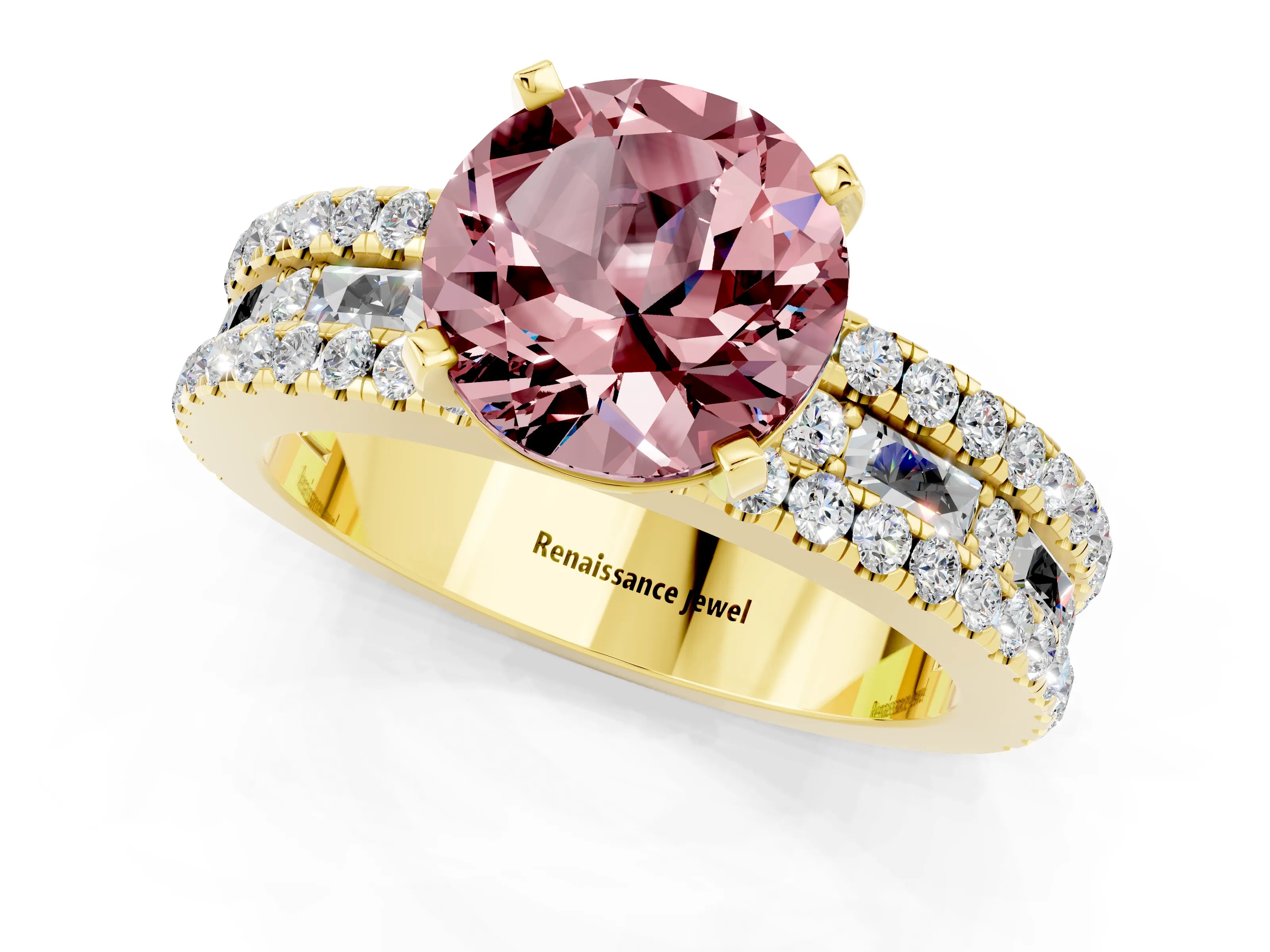 Yellow gold Round Cut Morganite Solitaire Ring with Pavé and Channel Set Band_1