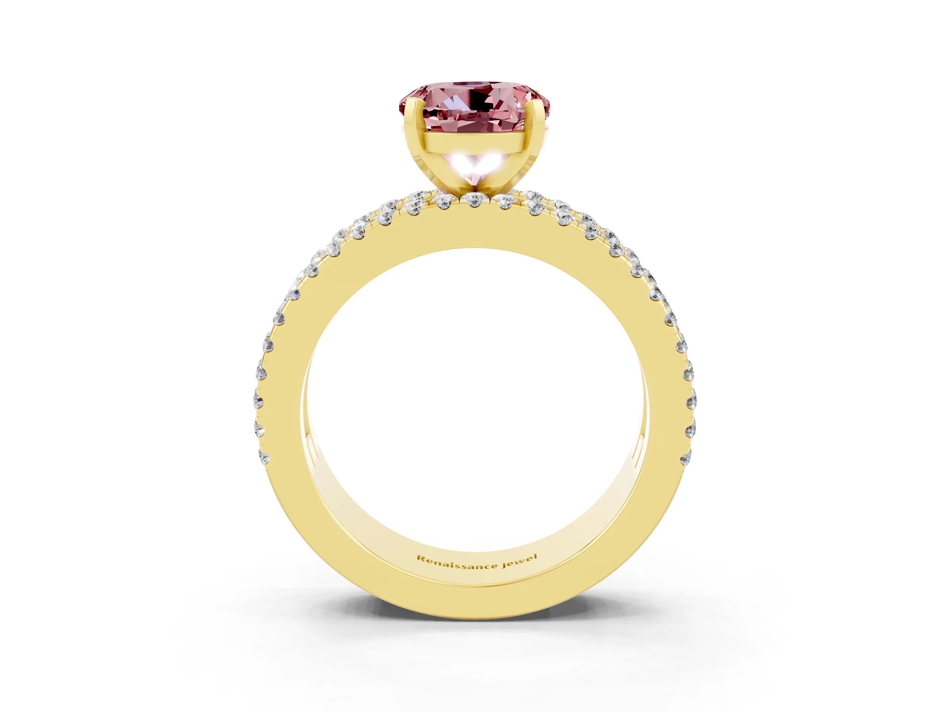 Yellow gold Round Cut Morganite Solitaire Ring with Pavé and Channel Set Band_3