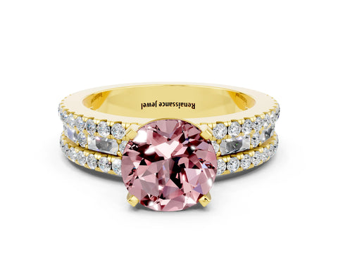 Yellow gold Round Cut Morganite Solitaire Ring with Pavé and Channel Set Band
