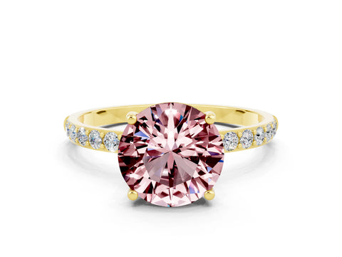 Yellow gold Round Cut Morganite Solitaire Ring with Pave Band and Four Prong Setting_12