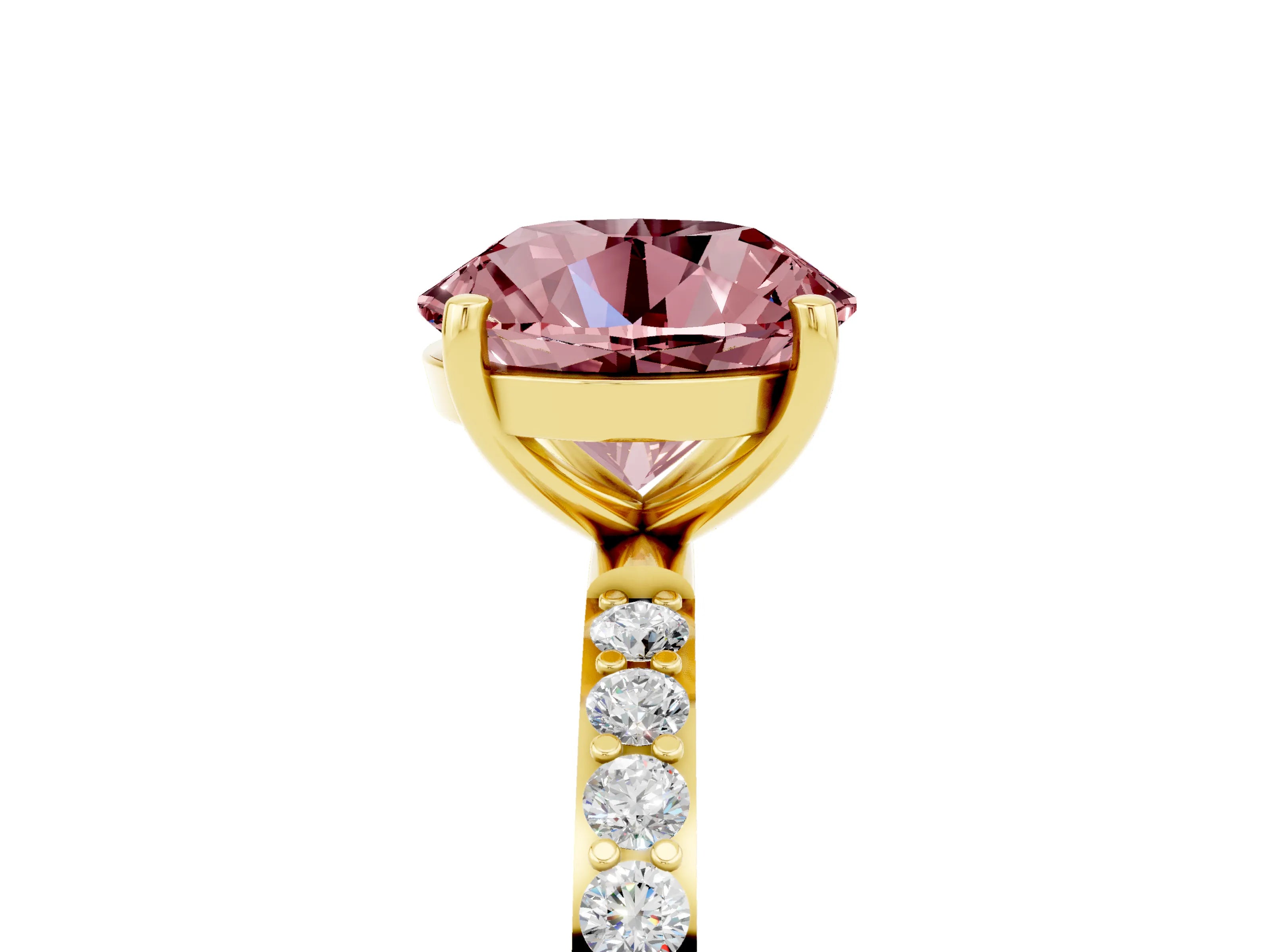 Yellow gold Round Cut Morganite Solitaire Ring with Pave Band and Four Prong Setting_17
