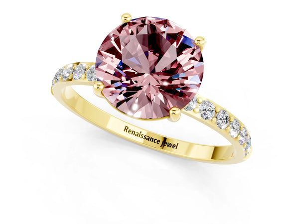 Yellow gold Round Cut Morganite Solitaire Ring with Round  Pavé Band and Prong Setting