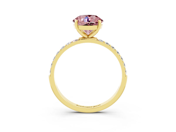 Yellow gold Round Cut Morganite Solitaire Ring with Round  Pavé Band and Prong Setting