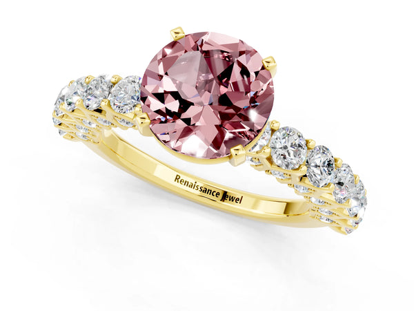 Yellow gold Round Cut Morganite Solitaire Ring with Shared Prong Pavé Band and Four-Prong Setting