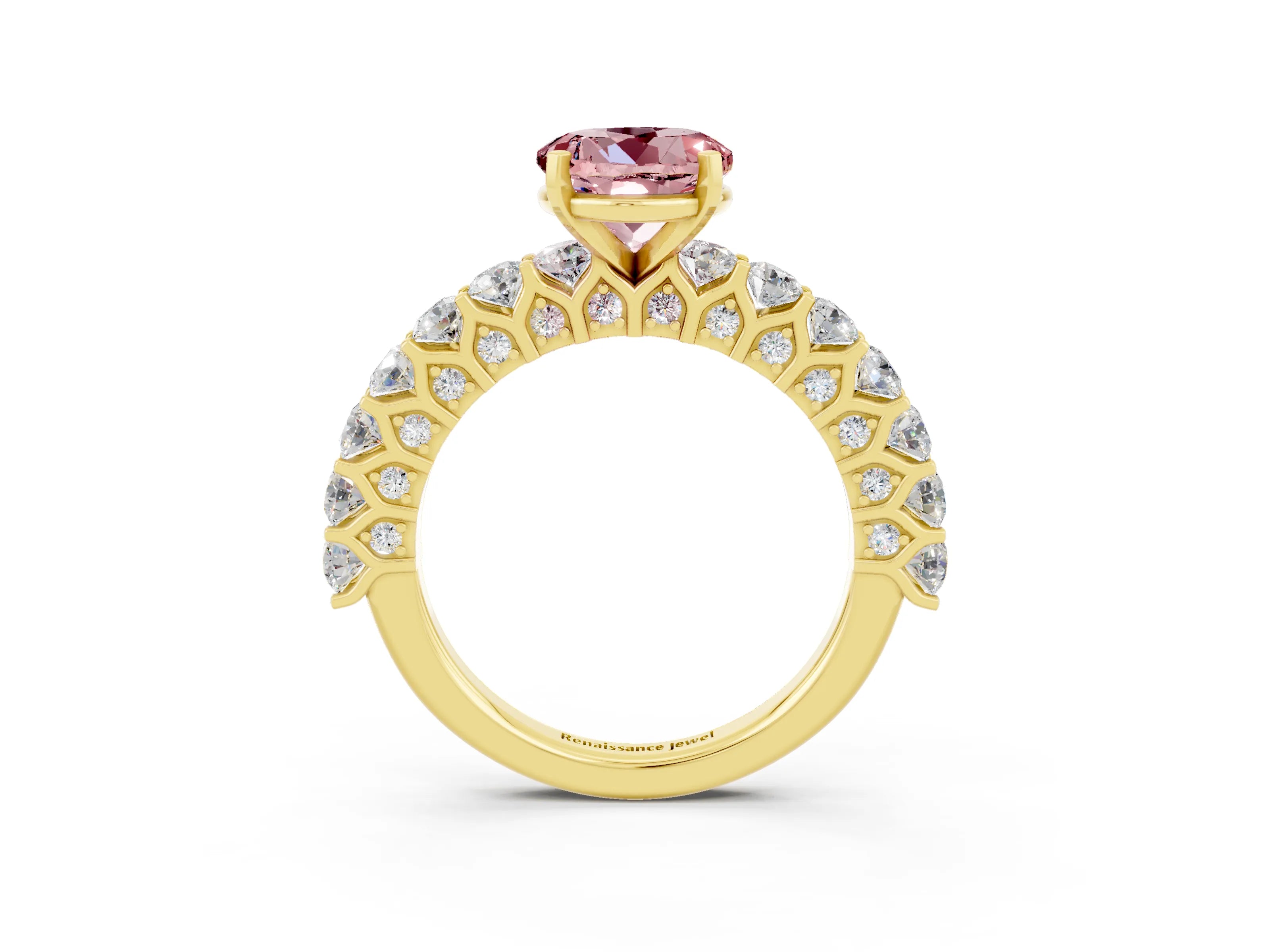 Yellow gold Round Cut Morganite Solitaire Ring with Shared Prong Pavé Band and Four-Prong Setting_3